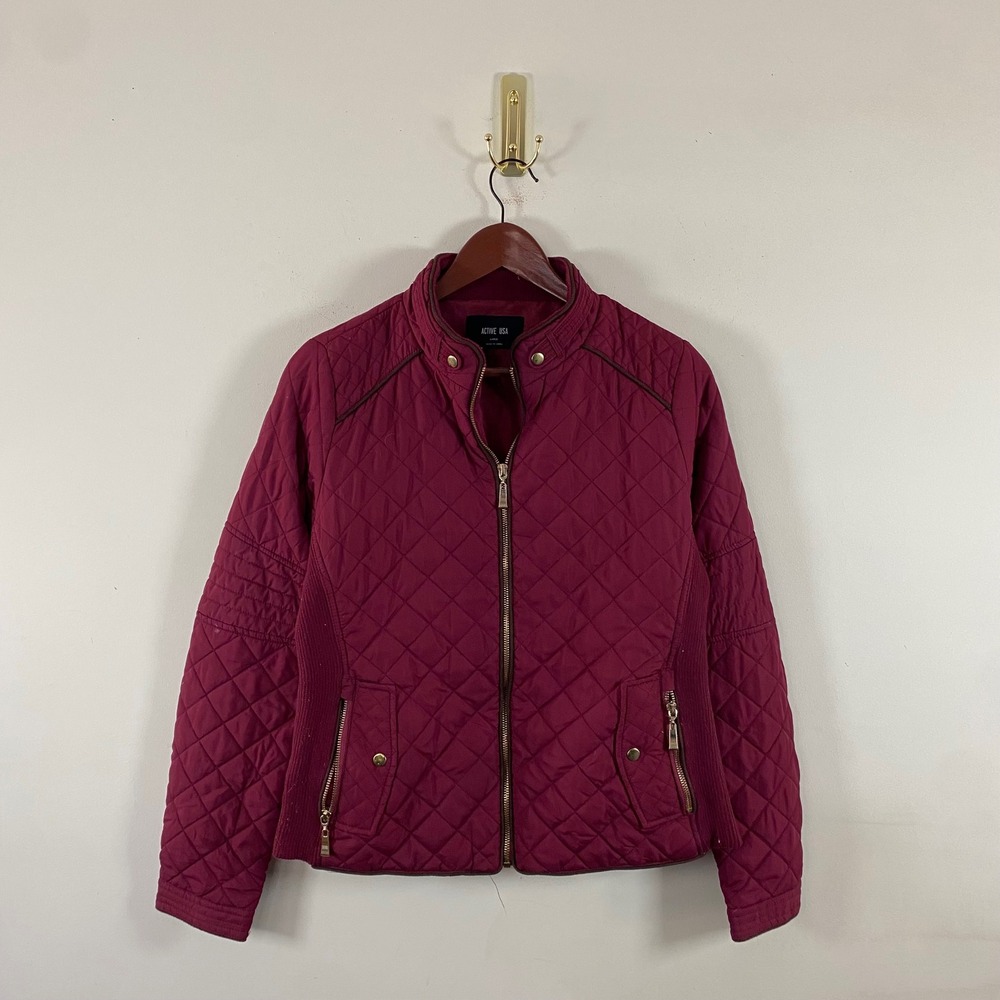 Active USA Quilted Burgundy Jacket Women's Large Zip Up Gold Winter